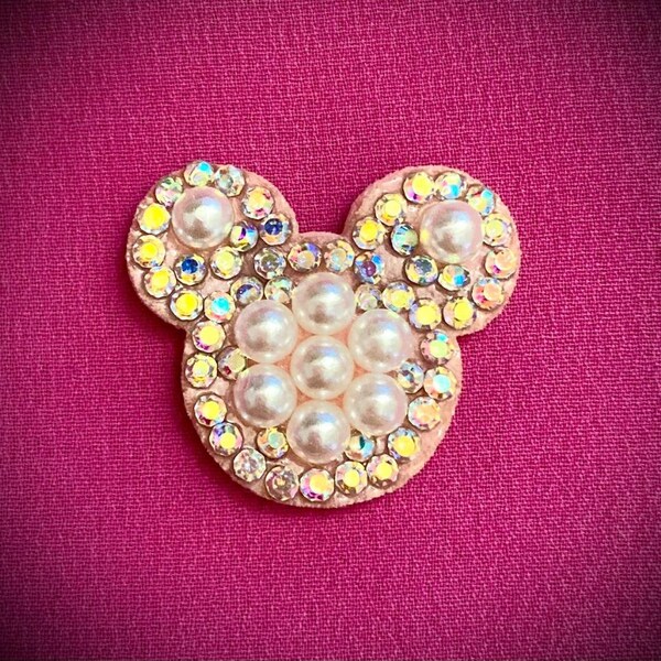 Small Mickey Mouse Head Crystal Aurora Borealis AB Rhinestone Pearl Applique Felt Patch 1"