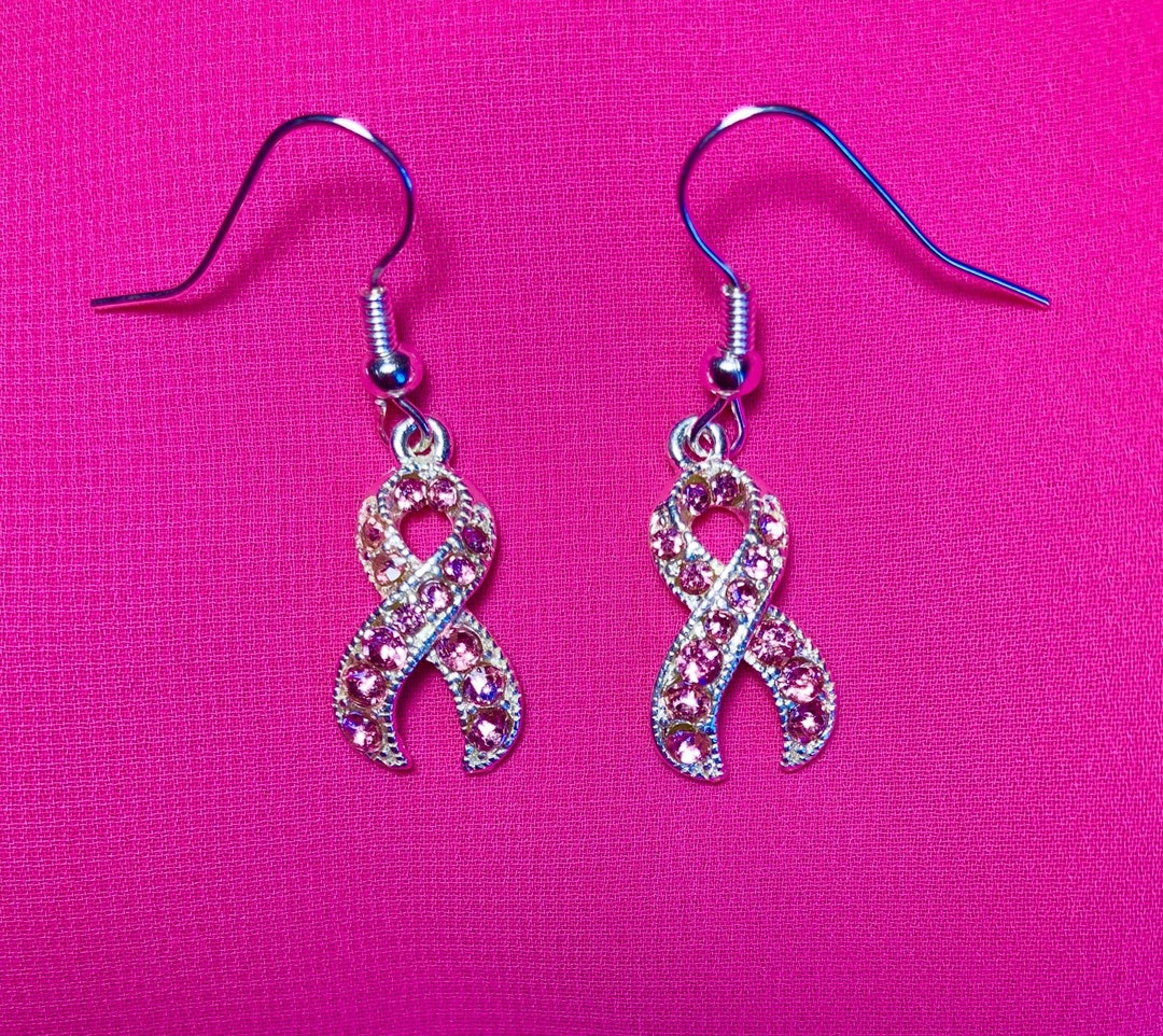 Crystal Pink Ribbon Earrings Breast Cancer Awareness Dangle Etsy