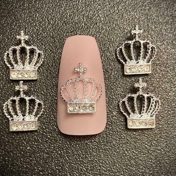 Crystal Rhinestone Crown 3D Nail Art Set Of 5 Glass Silver Charms Pageant