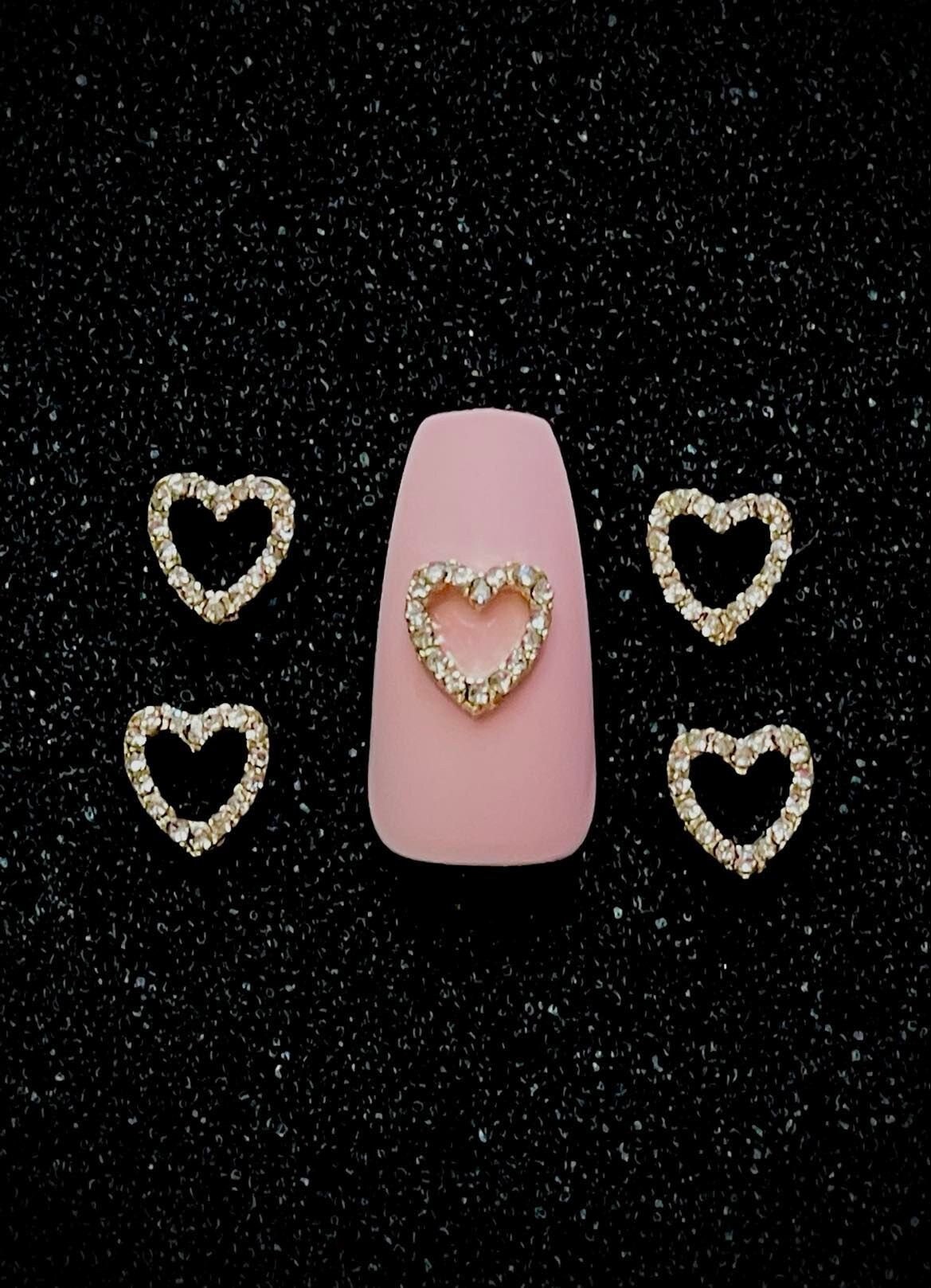 Crystal Rhinestone Hollow Heart 3D Nail Art Set of 5 Glass Gold Charms Love  