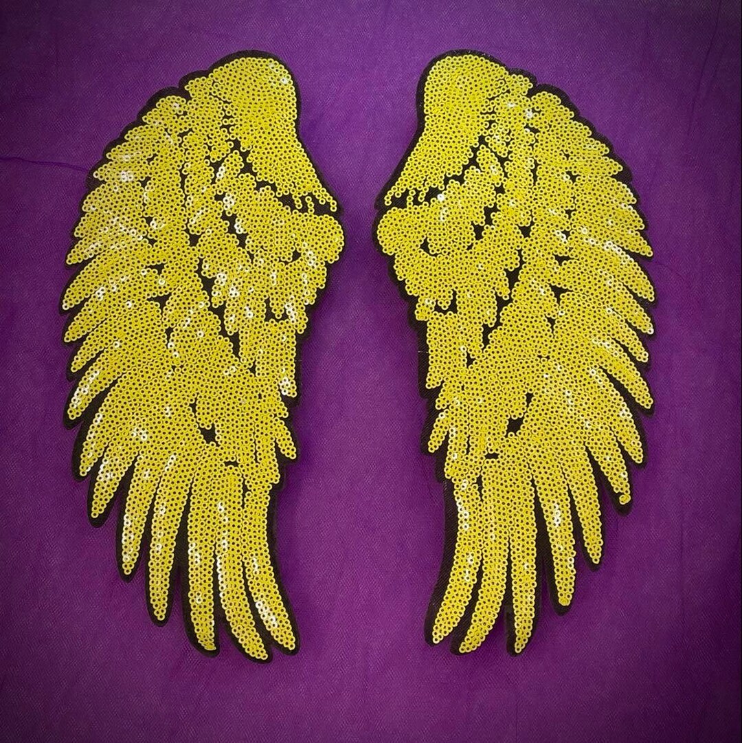 Bright Yellow Sequin Iron on Angel Wing Appliques Hot Fix Set of 2