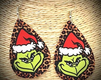 Christmas Grinch Leopard Teardrop Earrings Fish Hook Faux Leather Cartoon