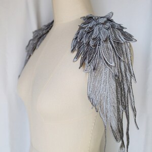 Large Grey Lace Angel Wing Appliques Mirror Pair Set Of 2 Shoulder 3D 16"x 6"