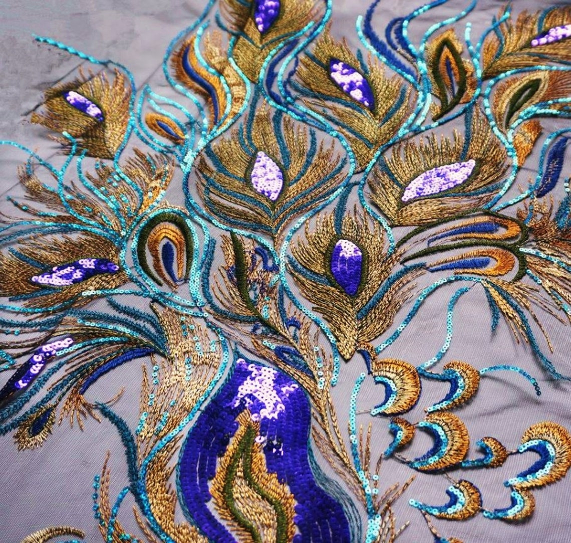 Large Long Sequin Peacock Applique Feather Embroidered Etsy