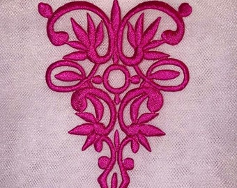 Fuchsia Embroidered Iron On Applique Scroll Vine Motif Patch Small Yoke Bodice