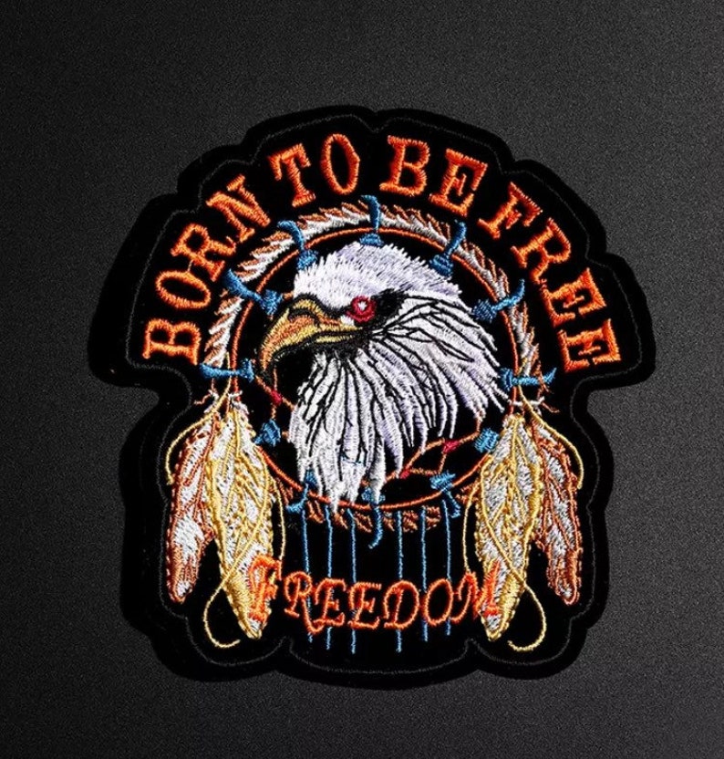 LARGE Biker Patch Born To Be Free Eagle Feather Iron On Embroidered Eagle Jacket Applique 12\u201d
