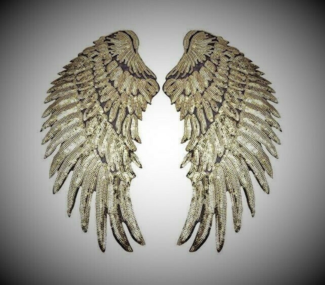 Large Gold Sequin Iron on Angel Wing Appliques Mirror Pair Set Etsy