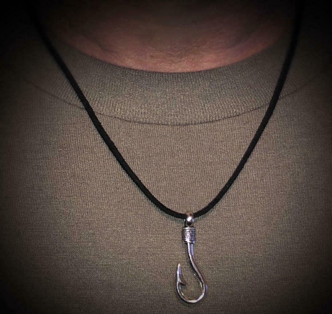 Mens Fishhook Necklace Choker Black Suede Chain Fishing Fish Hook Jewelry Nature