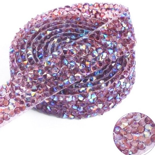 Crystal Rhinestone Purple AB Bridal Belt Trim Thin Iron On Snagless 1 CM x 34"