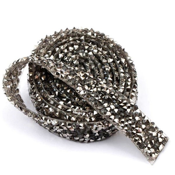 Crystal Pewter Gunmetal Rhinestone Bridal Belt Trim Thin Iron On Snagless 1.5CM x 34"