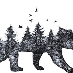 Large Bear Trees Birds Patch Iron On Applique DIY Transfer Unique Nature 7.5"