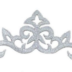 Embroidered Yoke Collar Scroll Silver Applique Metallic Iron On Patch V 3.5"