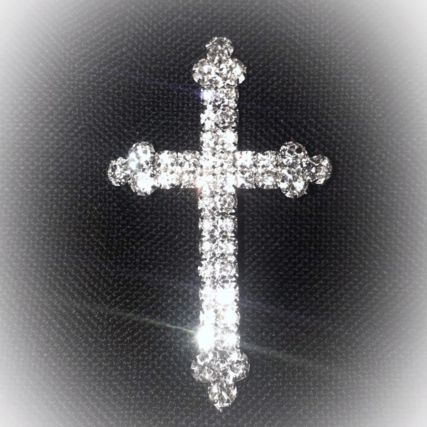 Crystal Rhinestone Cross Brooch Silver Setting Clear Pin Christian Jewelry Gift