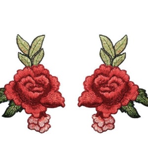 Embroidered Floral Vine Red Appliques Mirror Pair Set Of 2 Patch Flower 5.5