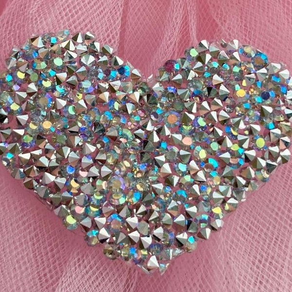 Silver Crystal AB Aurora Borealis Rhinestone Heart  Patch Iron On Applique 2.25" Hot Fix