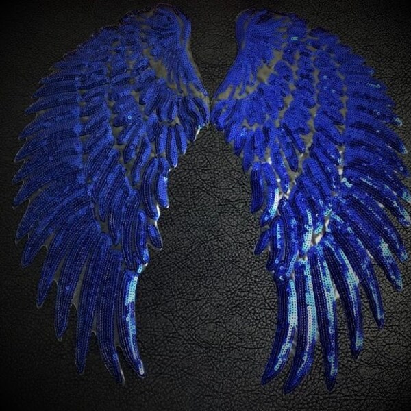 Large Royal Blue Sequin Iron On Angel Wing Appliques Hot Fix Mirror Pair Set Of 2