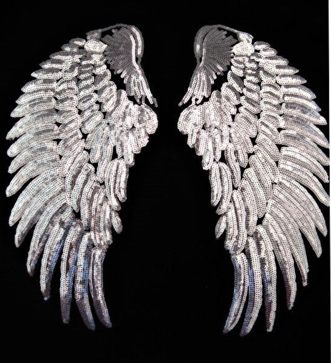 Silver Sequin Iron on Angel Wing Appliques Hot Fix Mirror Pair Set of 2