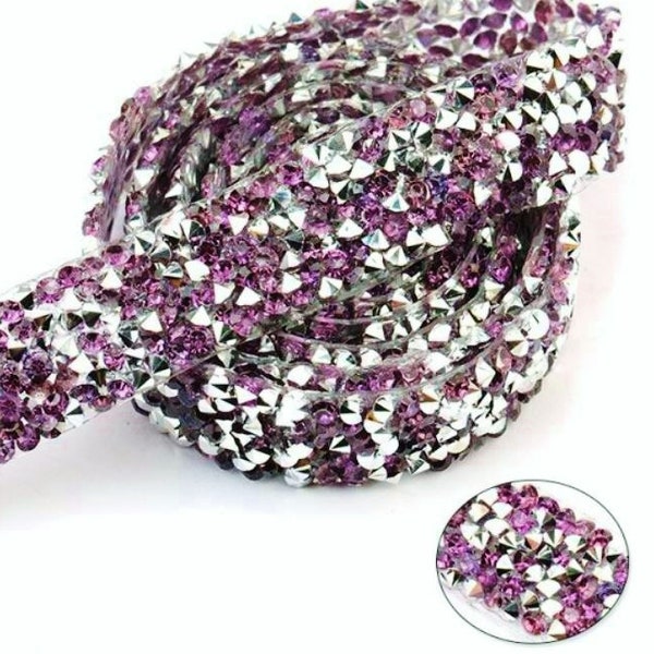 Crystal Purple Silver Rhinestone Bridal Belt Trim Thin Iron On Snagless 1.5CM x 34"