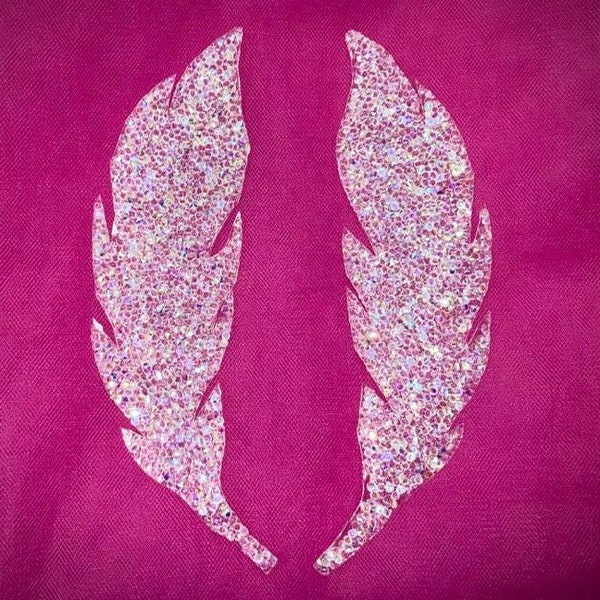 Crystal AB Rhinestone Feather Appliques Mirror Pair Set of 2 Iron On 7"x 2" Aurora Borealis