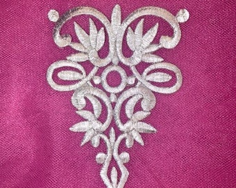 Silver Embroidered Iron On Applique Scroll Vine Motif Patch Small Yoke Bodice