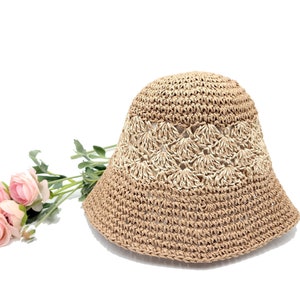 Handmade Two Tone Crochet Summer Bucket Straw Hat Size Adjustable Foldable straw sun hat Gifts for Her image 5