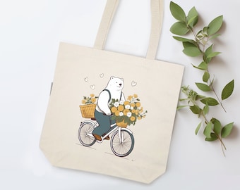 Sac fourre-tout The Cycling Bear, respectueux de l'environnement et biologique, sac quotidien, sac imprimé, sac de bibliothèque, cadeaux pour elle