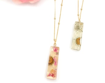 Cube Shaped Pressed Flowers Botanical Handmade Resin Necklace , Real Flowers Jewelry Gifts for Her