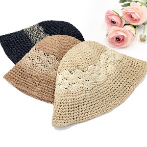 Handmade Two Tone Crochet Summer Bucket Straw Hat Size Adjustable Foldable straw sun hat Gifts for Her image 2