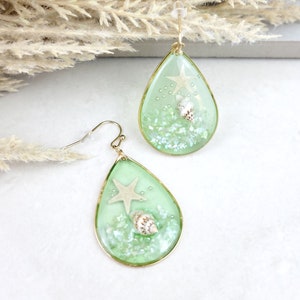 Handmade Real Tiny Starfish Sea Life Seashell Beach Tropical Small Size Teardrop Ocean Dangle Earrings, Gifts for Her