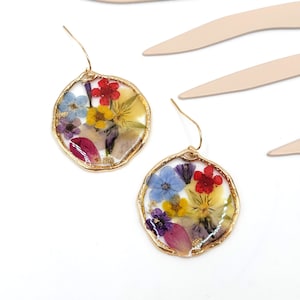 Multi-Color Pressed Flowers Circle Drop Resin Earrings Forget me not petal Natural Jewelry Gifts for Her