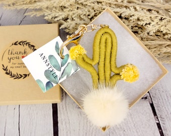 Cactus Tassel Keychain with fur Pom , Bag Charm, Keyring Holder ,Wallet Purse Pendant Decorations Birthday Gift, Small Gift, for her