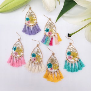 Dried flowers with tassel handmade resin earrings , real flower jewelry, gifts for her