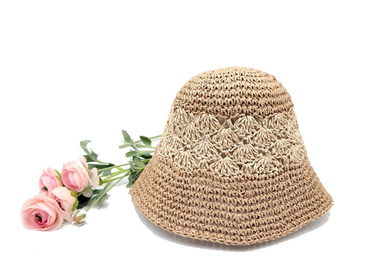 Handmade Two Tone Crochet Summer Bucket Straw Hat Size Adjustable Foldable straw sun hat Gifts for Her image 5