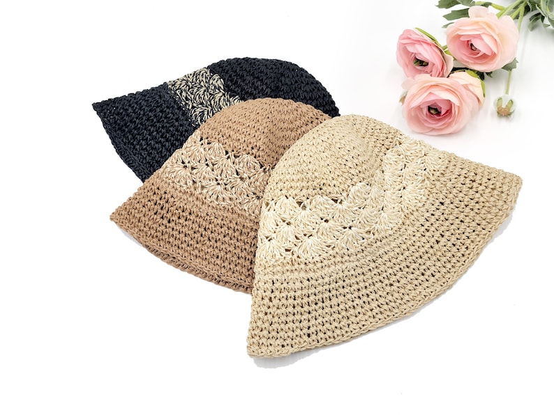 Handmade Two Tone Crochet Summer Bucket Straw Hat Size Adjustable Foldable straw sun hat Gifts for Her image 2