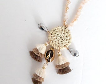 Rattan Circle Disc Glass Beads Tassel Necklace