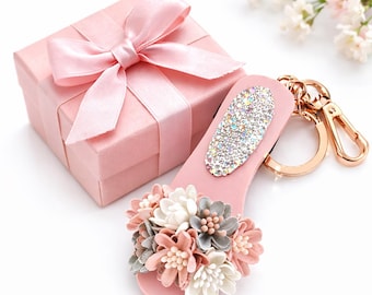 Handmade Floral Flip Flop/Rhinestone Keychain/ Summer Bag Charm, Beach Style Gift for Her