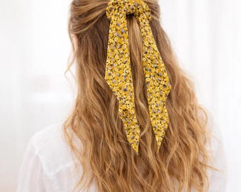 Blooms Floral Ribbon Scrunchie, Boho Ponytail Scarf Hair Tie, Hair Accessory for her