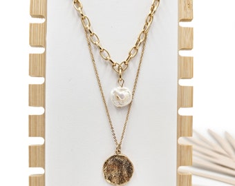 Layered Chain Link Necklace with  gold coin pendant natural peal pendant  gift for her