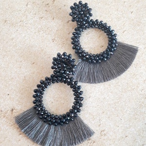 Statement Tassel Bead Earrings, Drop Dangle Round Beaded Hoop Fringe Handmade Bohemian Earrings