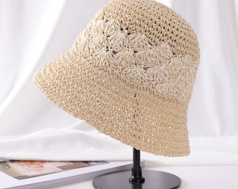 Chapeau de paille d'été au crochet bicolore fait main, taille réglable, chapeau de soleil en paille pliable, cadeaux pour elle