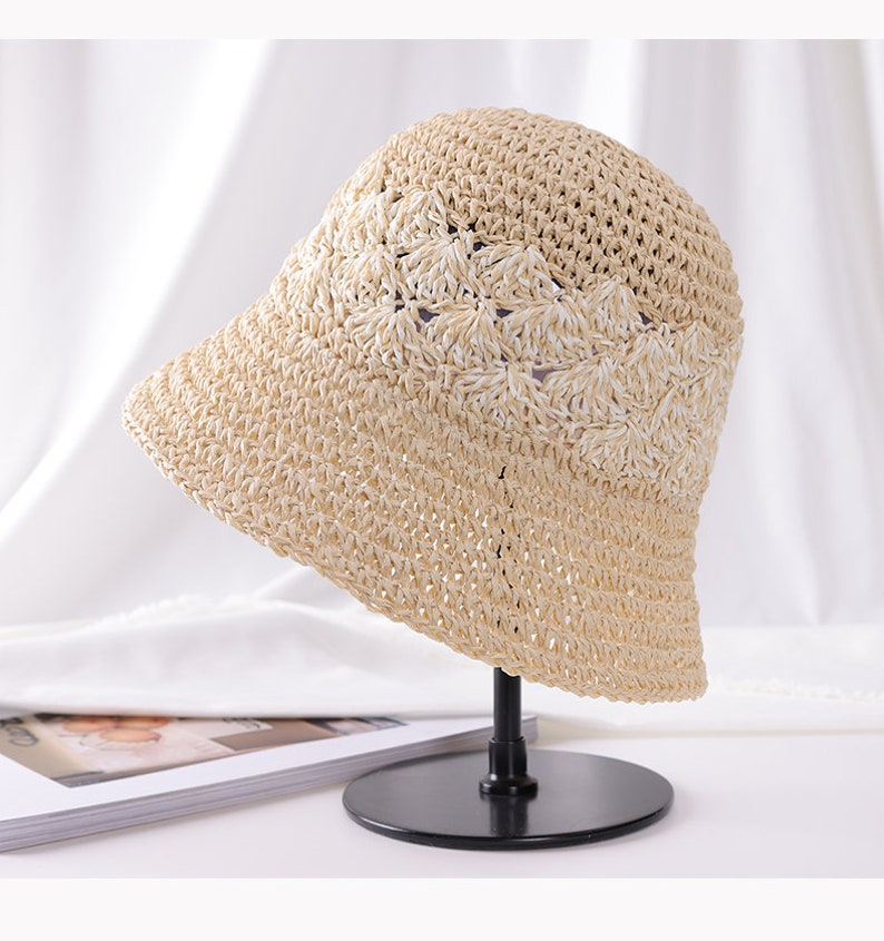 Handmade Two Tone Crochet Summer Bucket Straw Hat Size Adjustable Foldable straw sun hat Gifts for Her Beige