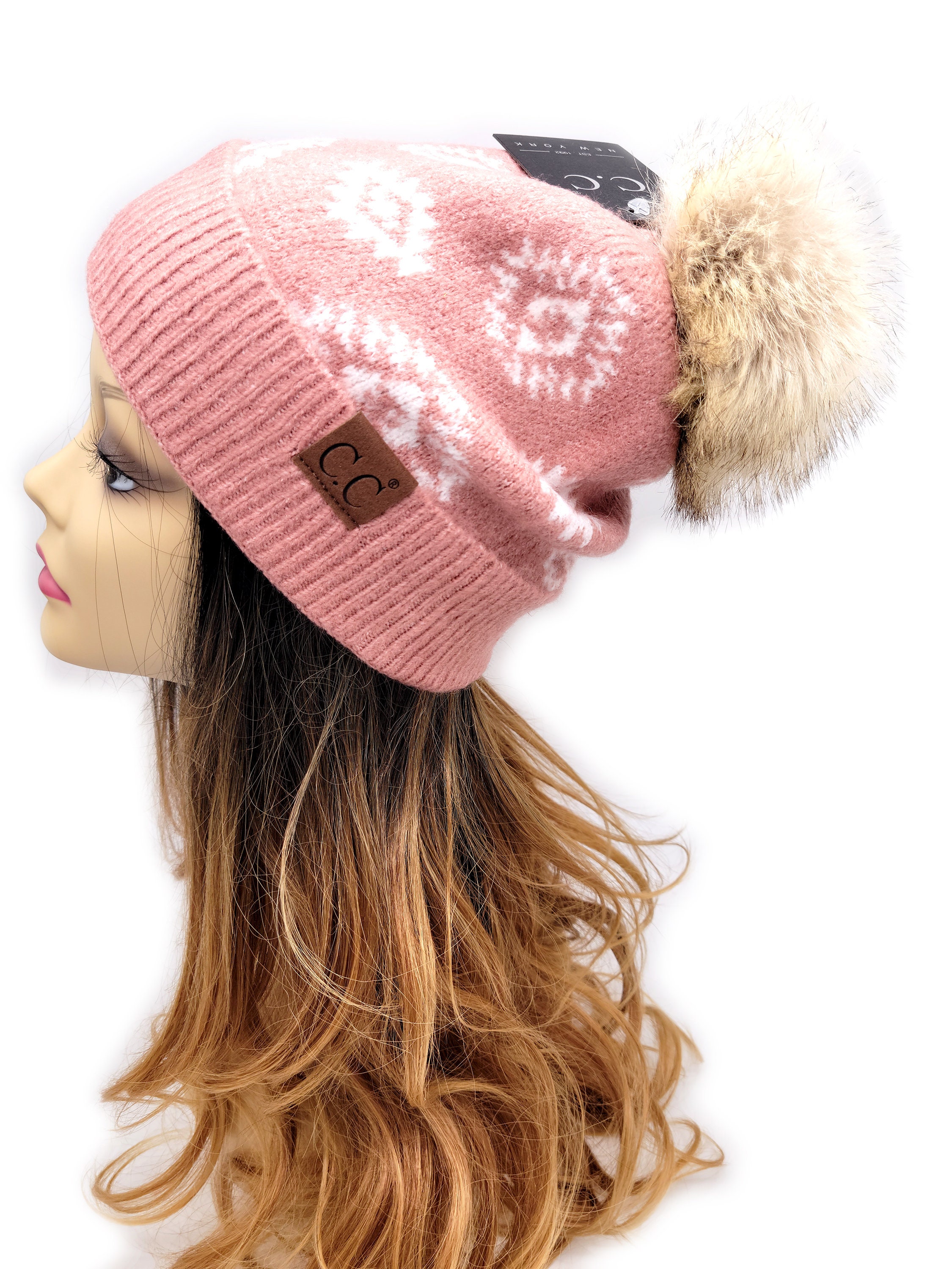 Aztec Pink & Denim Faux Fur Pom-Pom Beanie Hat
