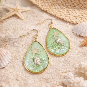 Handmade Sea Life Teardrop Dangle Earrings with Real Starfish