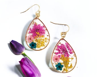 Handmade Dried Flower Botanical Resin Earrings , Real Pressed Flowers Jewelry Gift for her