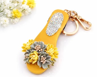 Handmade Floral Flip Flop Keychain/ Summer Bag Charm, Beach Style Gift for Her