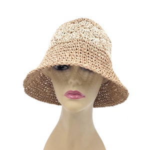 Handmade Two Tone Crochet Summer Bucket Straw Hat Size Adjustable Foldable straw sun hat Gifts for Her image 9