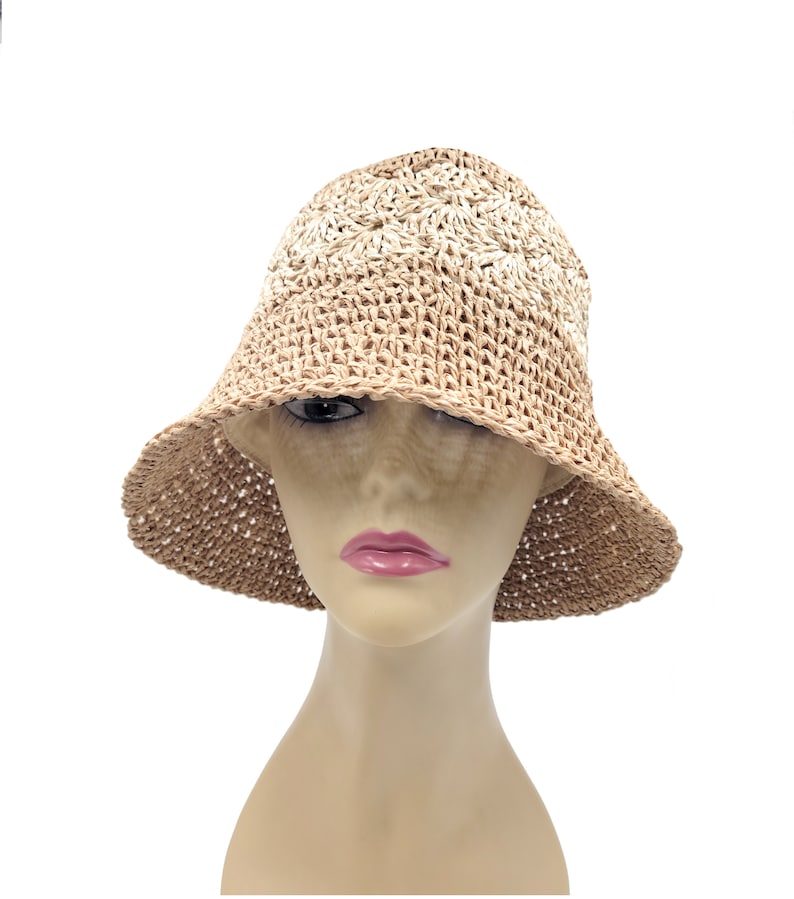 Handmade Two Tone Crochet Summer Bucket Straw Hat Size Adjustable Foldable straw sun hat Gifts for Her image 9