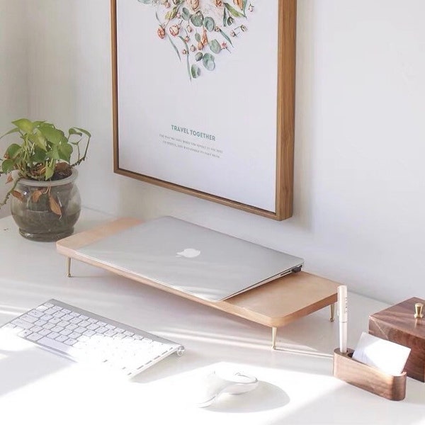 Beech Wood Monitor Stand / Laptop Stand with Brass Details (with 4 USB ports), Walnut Wooden Computer Stand