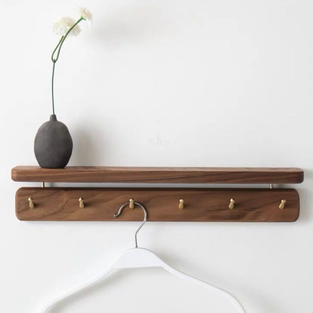 Walnut Wooden Wall Shelf Hangers / Coat Racks With Brass Details