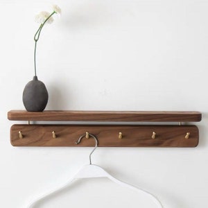 Walnut Wooden Wall Shelf + Hangers / Coat Racks with Brass Details, Red Oak Coat Hooks Hangers (Wall Mounted), Key Holder, Bag Hanger